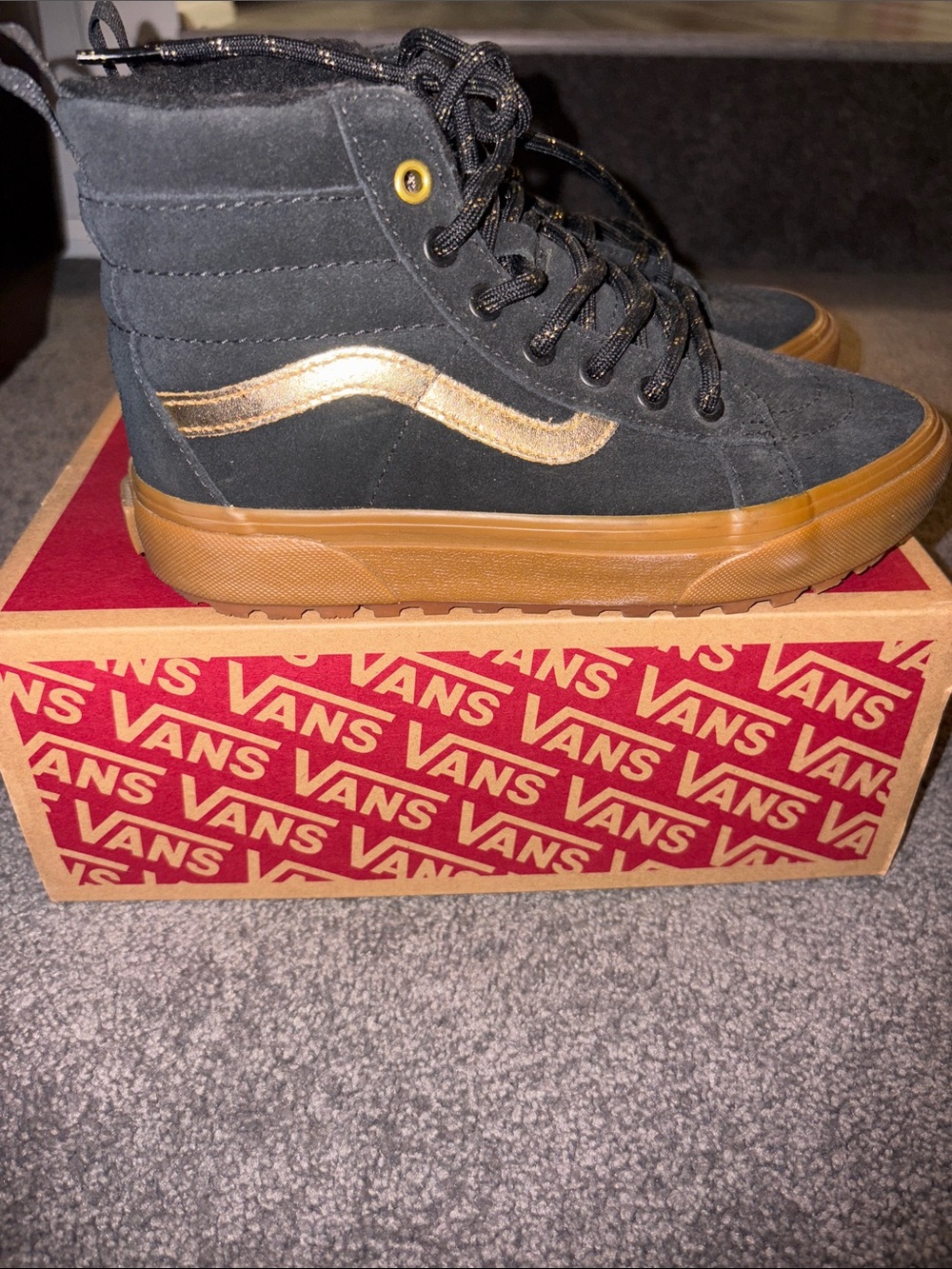 Vans Kids Black High-Top Sneakers with Gold Stripe